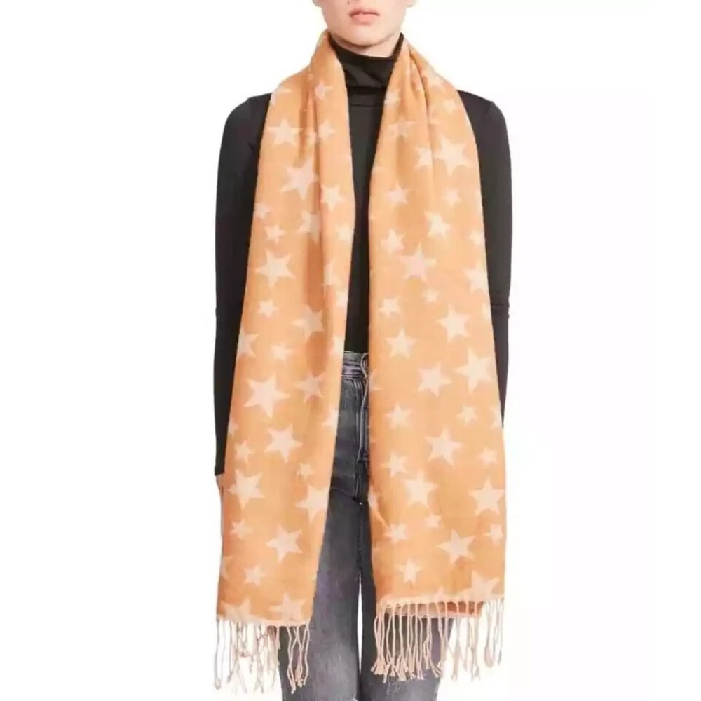 NWT STEVE MADDEN Womens Tan/Cream Beige Jacquard Star Fringed Blanket‎ Scarf